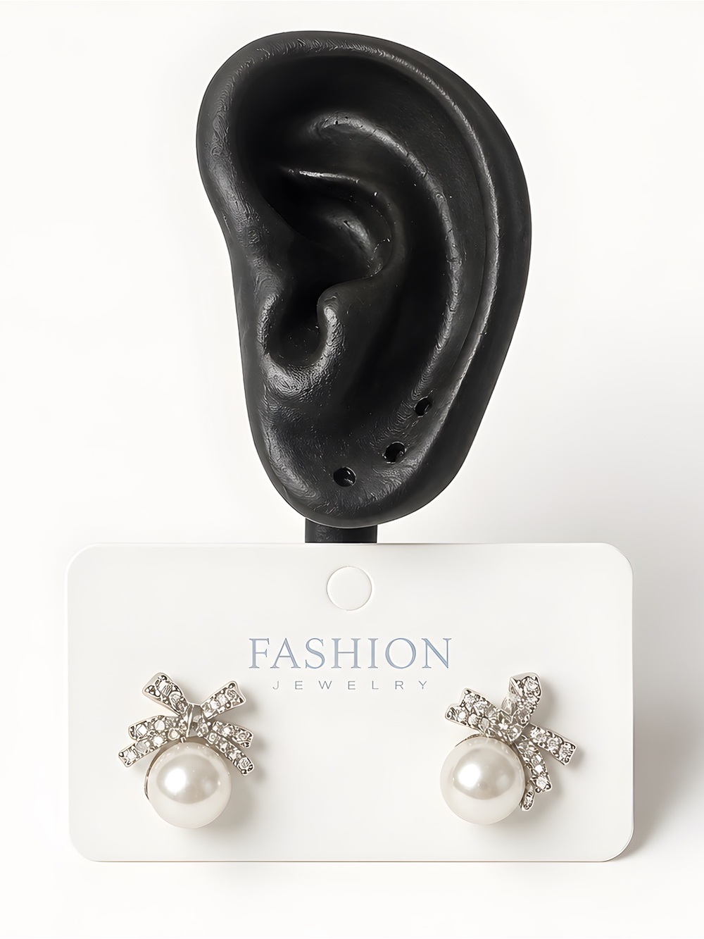 Fashion Jewelry Silver Bow and Pearl Stud Earrings - White